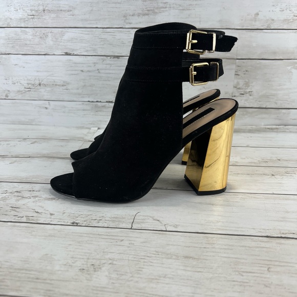 Forever 21 Black Peep Toe Booties with Block Gold Heel Buckle Double Straps 8 - Picture 4 of 14